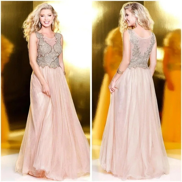 NWT Shail K Blush Gold Lace Formal Gown $450 - Picture 1 of 6